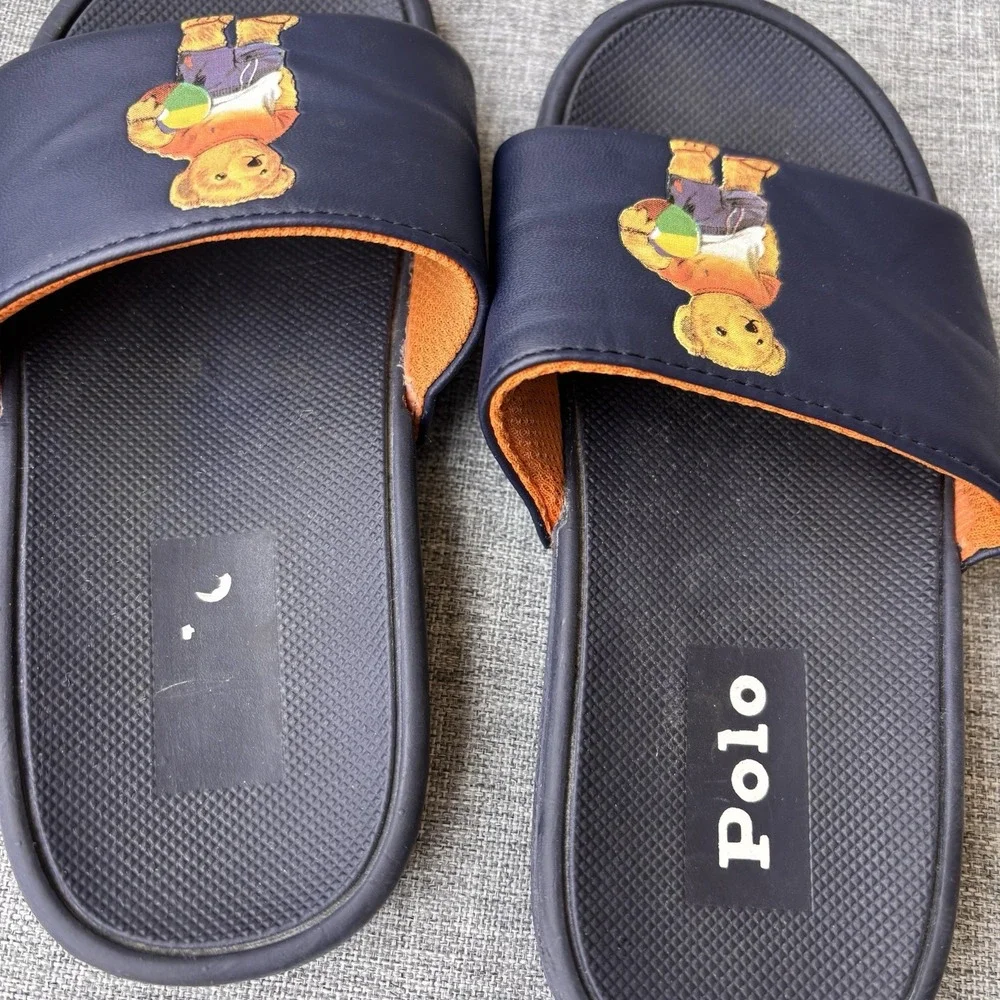 POLO Ralph Lauren Little Boy's Cayson-Bear Slides Blue Sandals Beach Sz 12